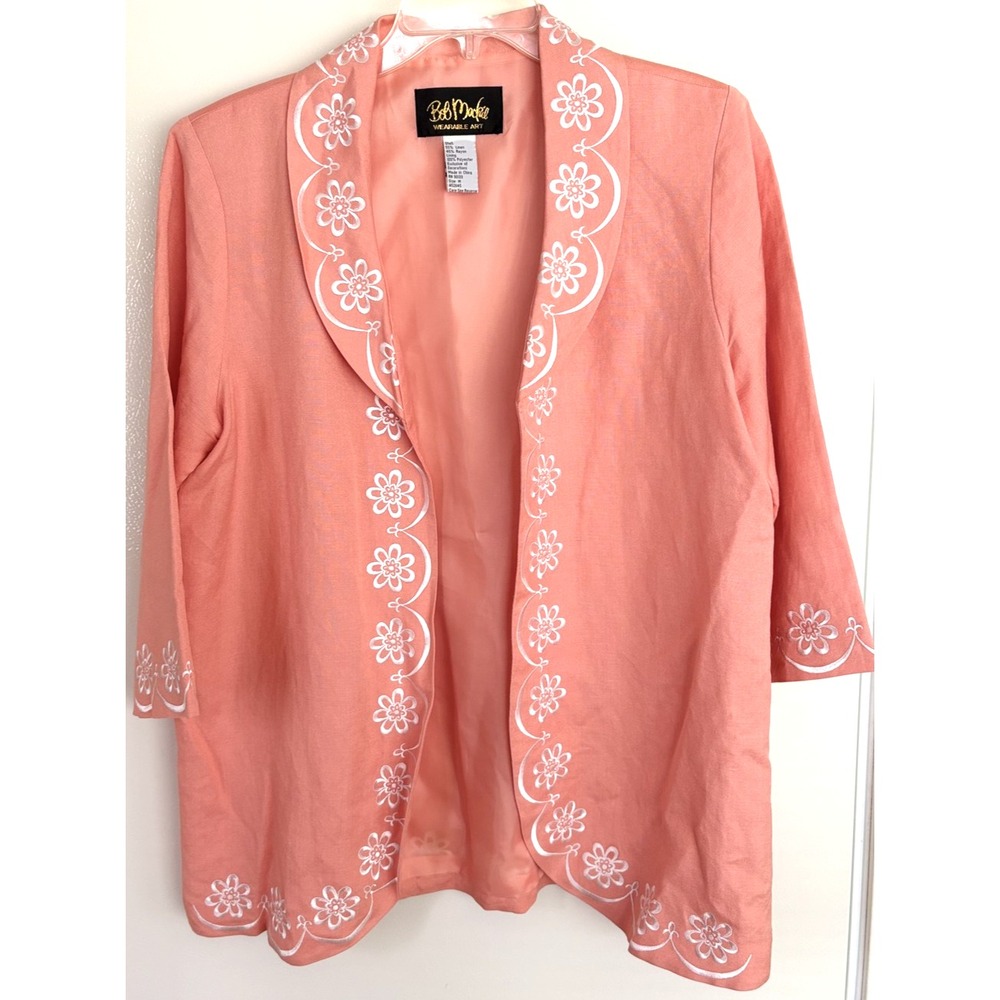 Bob Mackie Jacket Womens Medium Embroidered Linen Blend Floral Boho Art